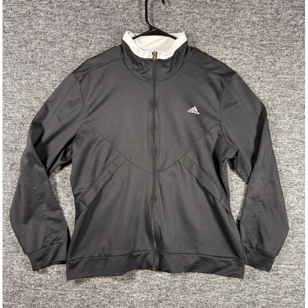 Adidas Mens XL Black Full Zip Track Jacket White Collar 3 Stripe Back Athletic - Picture 2 of 8